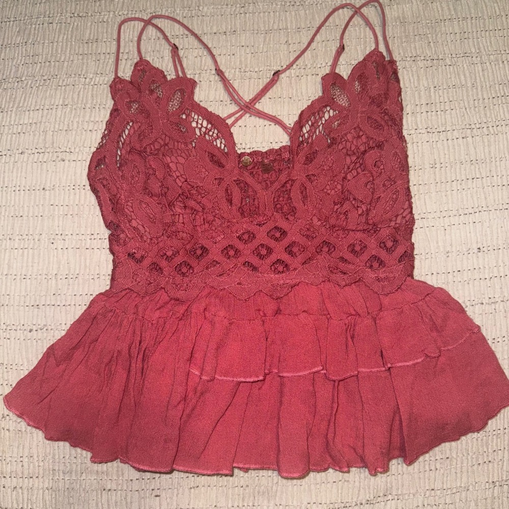 Free People FP One Adella Cami Rose Pink Lace Boho Ruffle Smocked Tan Medium